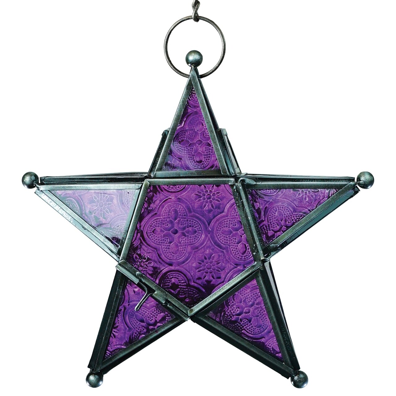 In the Breeze 9219 — Purple 5-Point Star Tealight Lantern — Moroccan-Style Boho Chic Glass and Metal Tealight Hanging Lantern